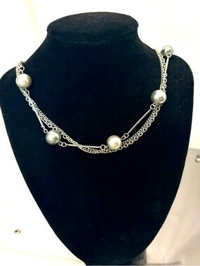 Napier Large Silver & White Station Bead Pearl & Silver Chain Link Necklace 42”